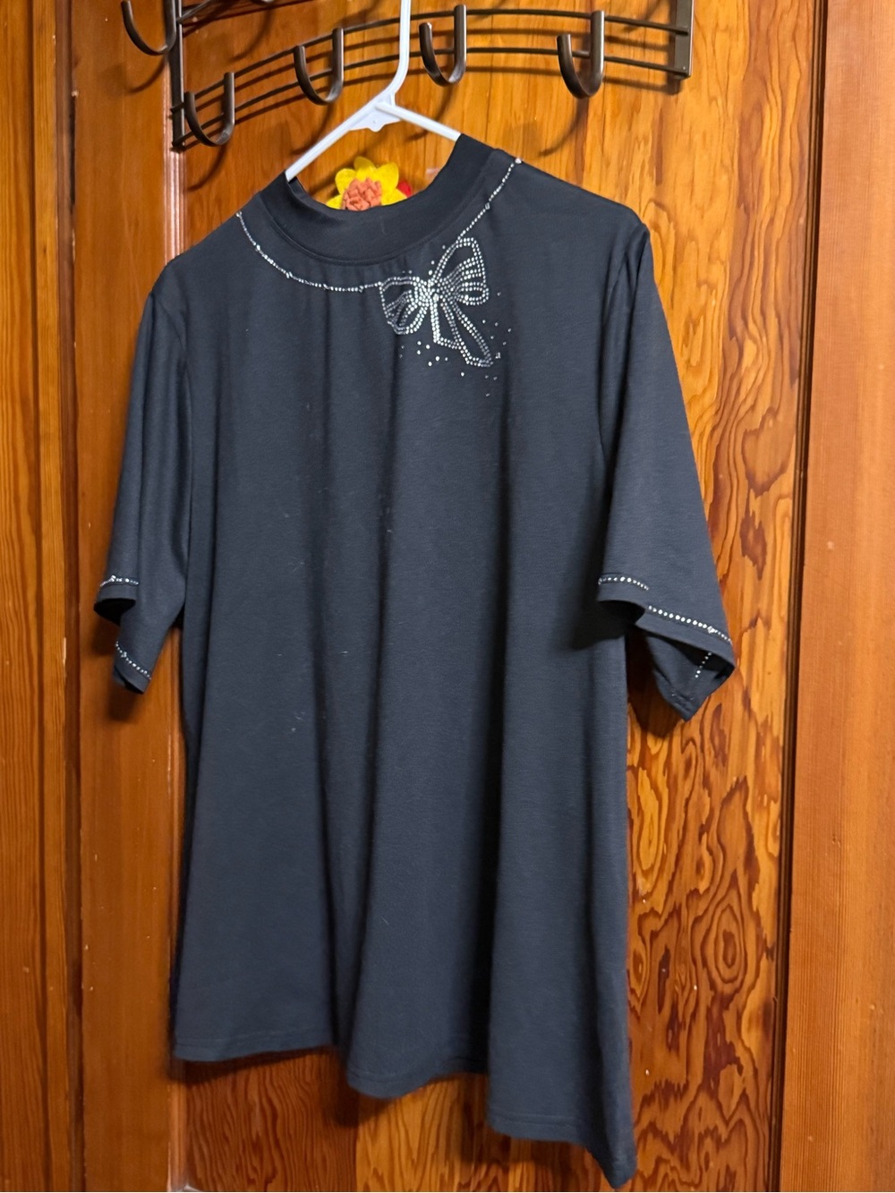 Black Short-Sleeve Tee with Rhinestone Bow Detail